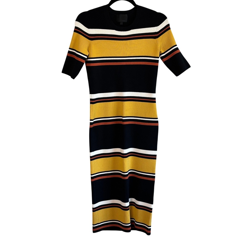 INTERMIX‎ Wyatt Striped Smooth Rib Knit Midi Dress Short Sleeve M